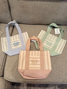 Trader Joe’s Summer Striped Mini Canvas Tote Bags- set of 3- blue green & tan